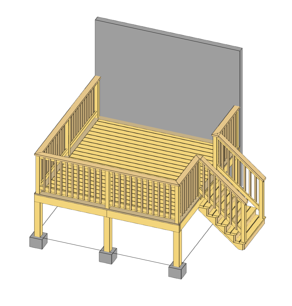 a straight deck built in 3d using the redx decks app building software shows a deck with deck connected to a house with deck boards, railings and a set of deck stairs 