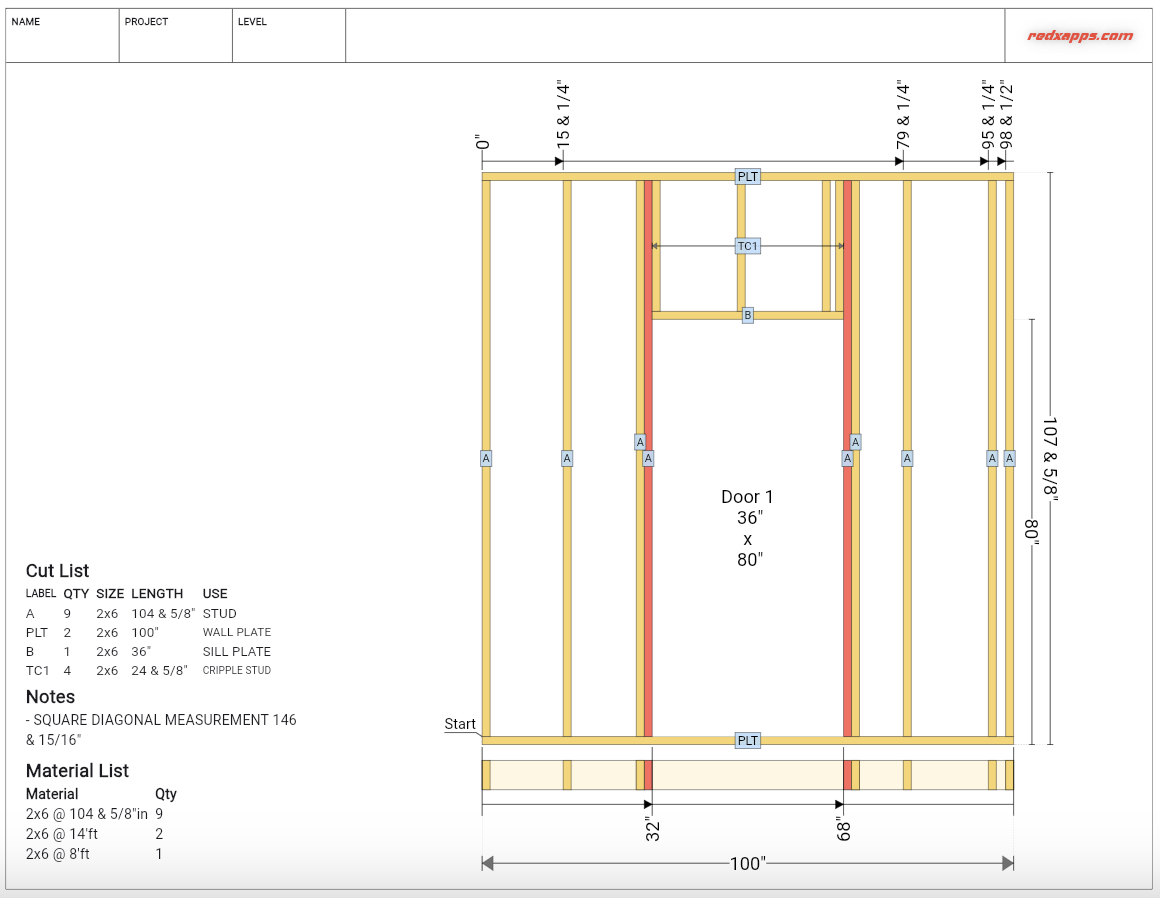 an interior wall blueprint showing the frame of a wall with an door in the center, shows wall cut list, wall plan built using the redx walls app