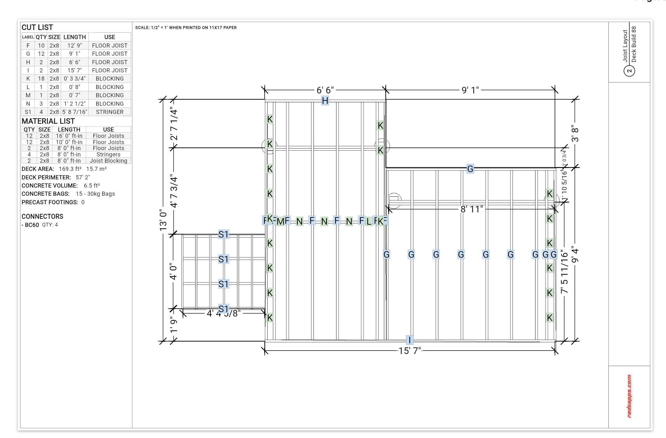 RedX Decks app auto-generated blueprint showing basic construction drawings